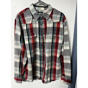 American Rag Mens Medium Plaid Button-Up Shirt 100% Cotton Red & Gray, M